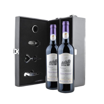 法国帕拉马城堡红葡萄酒AOC级+高档黑色双支皮盒赠红酒四件套