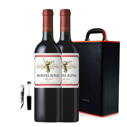 智利进口蒙特斯欧法梅洛干红葡萄酒750ml*2 +双支装皮盒