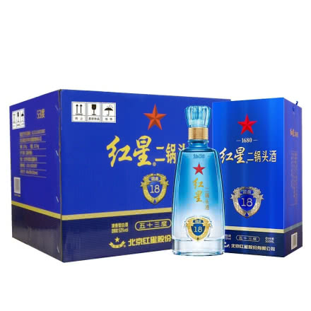 红星二锅头酒 蓝盒18 53度 清香型白酒 500ml*6瓶 整箱