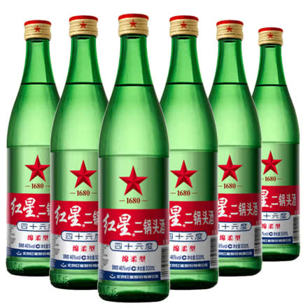 46°红星绿瓶二锅头 大二 绵柔 清香型白酒 500ml*6瓶装