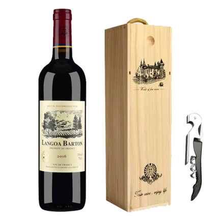 法国14度原瓶进口朗格巴顿小橡树干红葡萄酒单支松木盒装送海马刀750ml*1