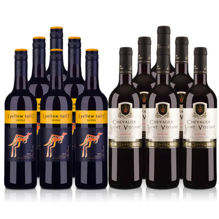 澳洲黄尾袋鼠西拉红葡萄酒750ml*6+法圣古堡圣威骑士干红葡萄酒750ml*6